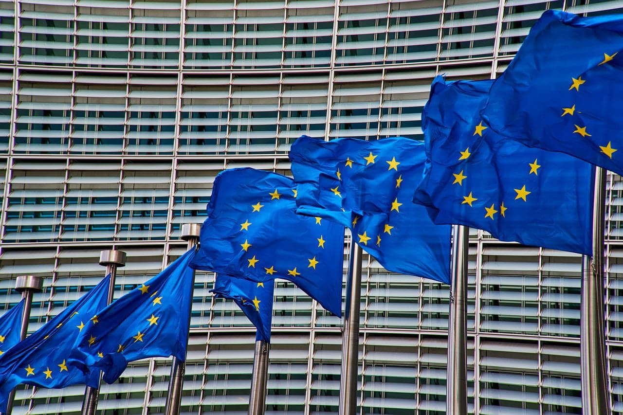 Europese parlementsgebouw met de vlaggen van Europa ervoor