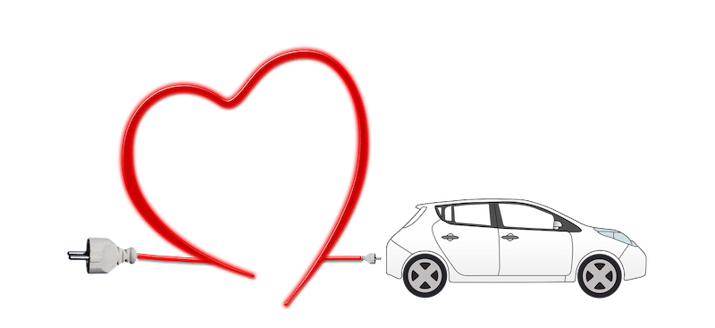 illustratie van een elektrische auto met elektrische oplaadkabel in de vorm van een hart