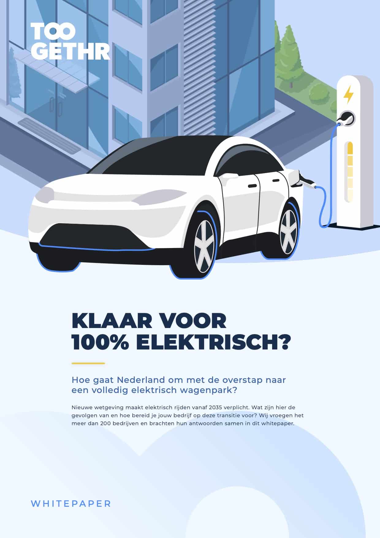 Getekende afbeelding van een witte Tesla model Y aan een laadpaal. Met de tekst klaar voor 100% elektrisch?