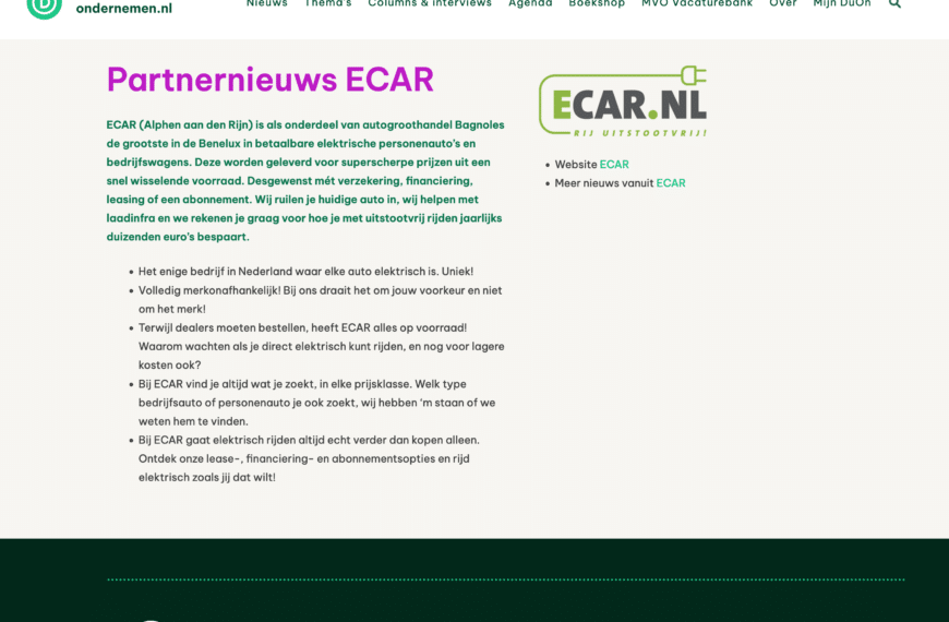 Screenshot van www.duurzaam-ondernemen.nl. Over de samenwerking met ECAR
