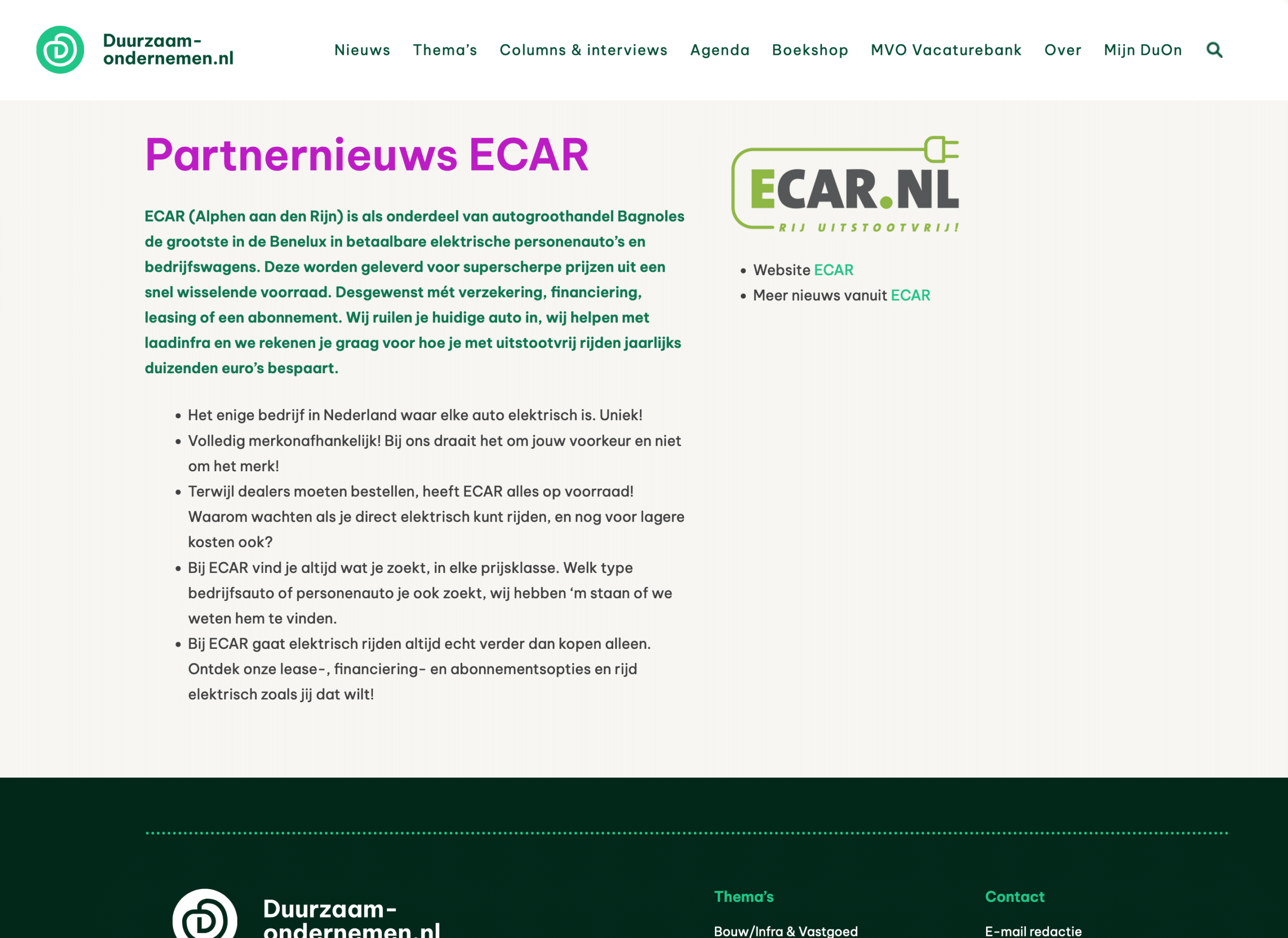 Screenshot van www.duurzaam-ondernemen.nl. Over de samenwerking met ECAR